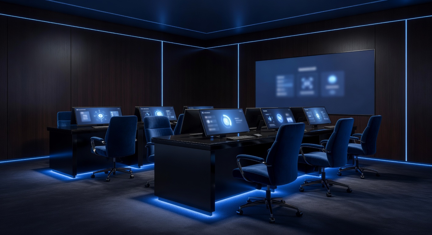 Elegant social casino customer support workspace with navy glow lighting